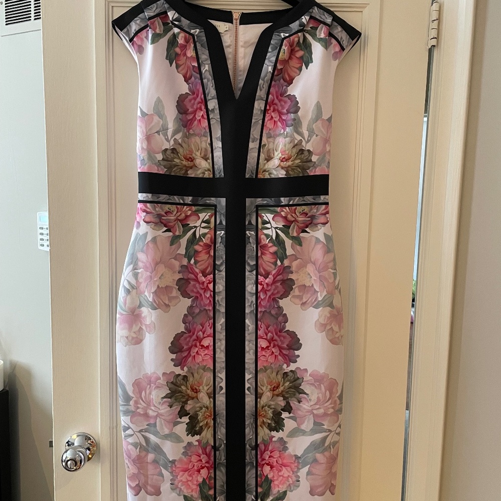 Floral Sheath Dress with Black Trim - Pink Floral
